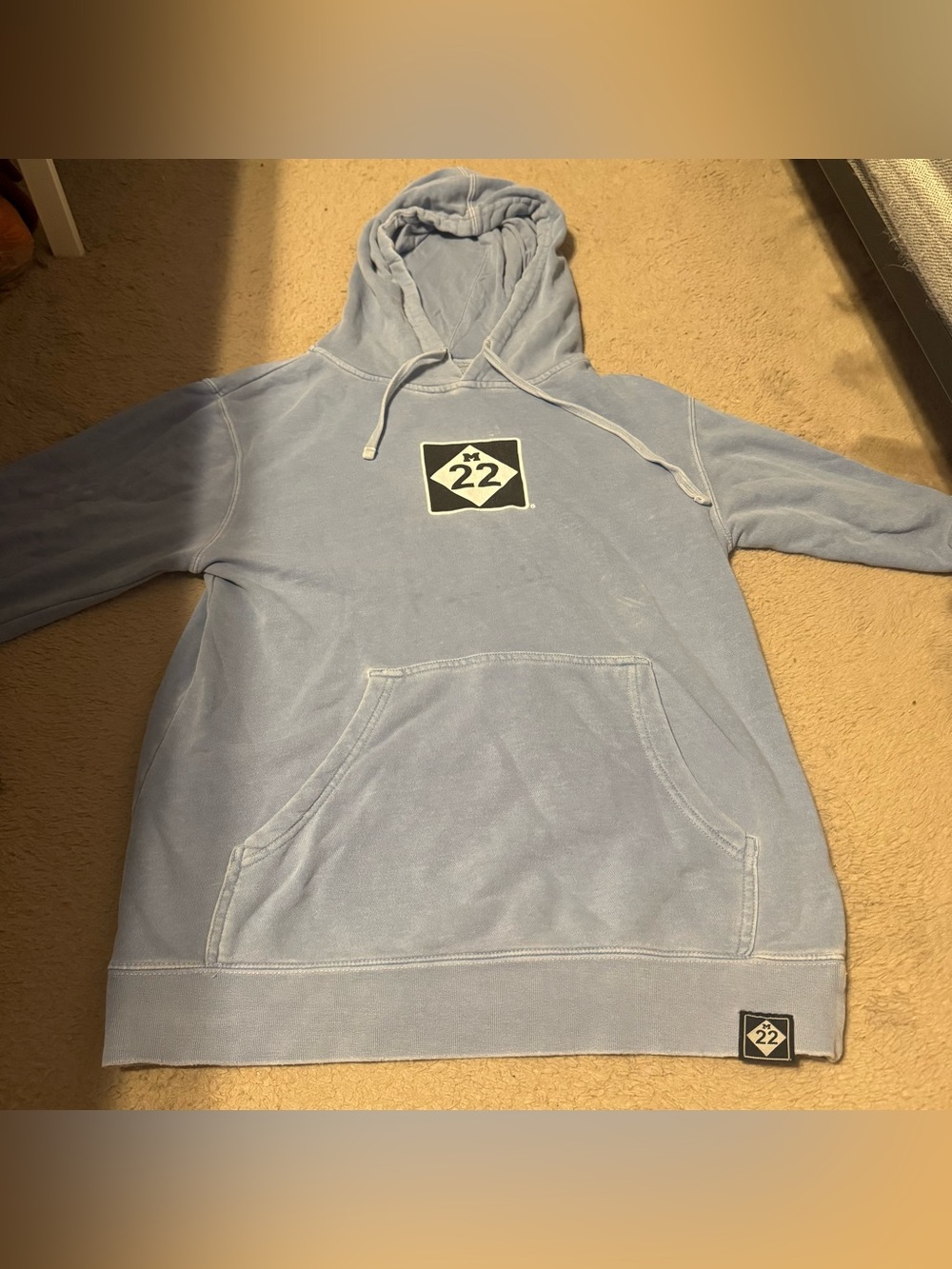 M22 Hoodie Sz Small Sky Light Blue Sweatshirt Pigment Dye Pullover Logo Vintage